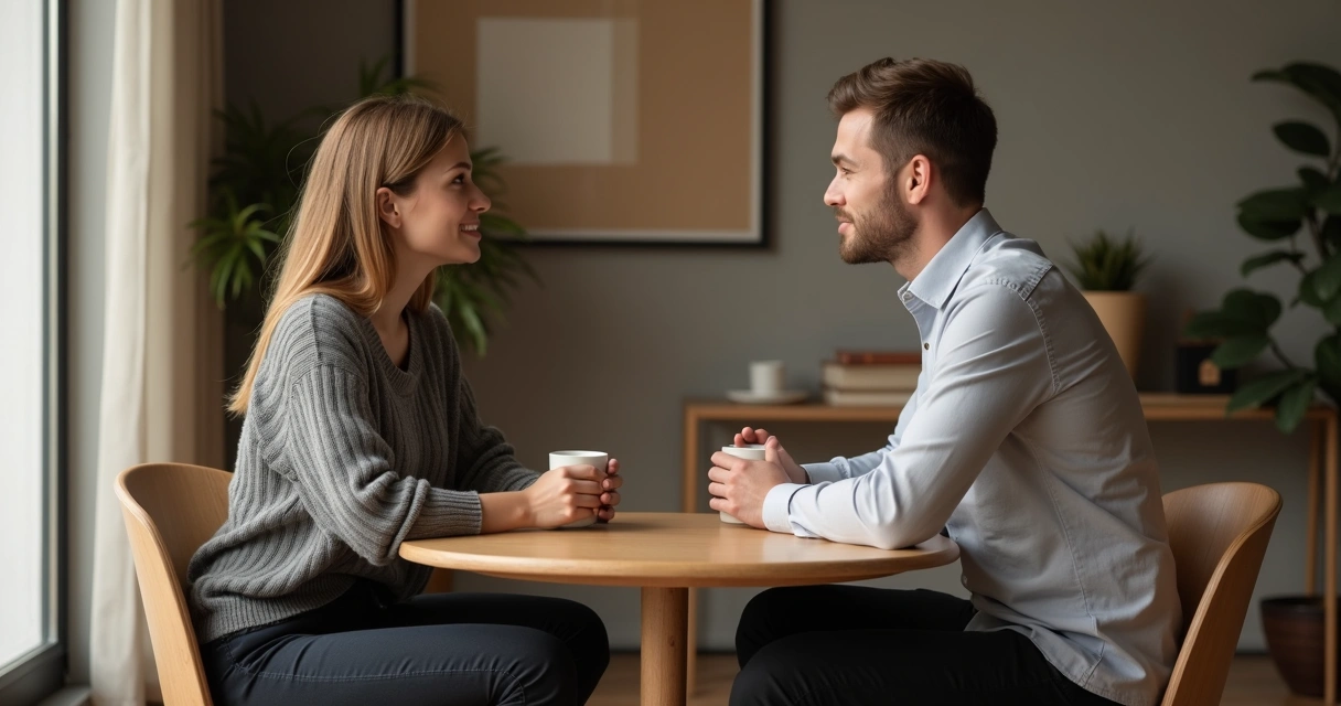 Two people sitting together, talking openly over coffee at a small table
