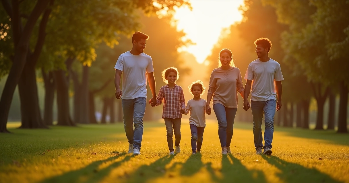 Family walking together in a park at sunset 