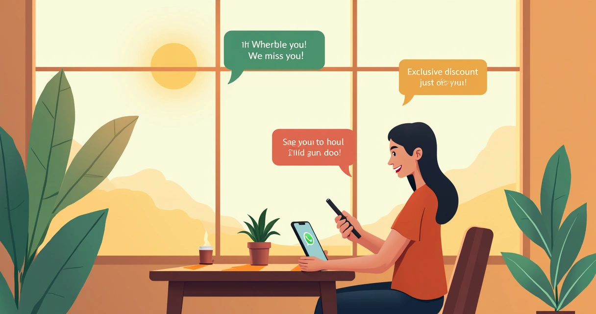 Ilustração de uma pessoa usando smartphone e mensagens no WhatsApp em um espaço acolhedor.