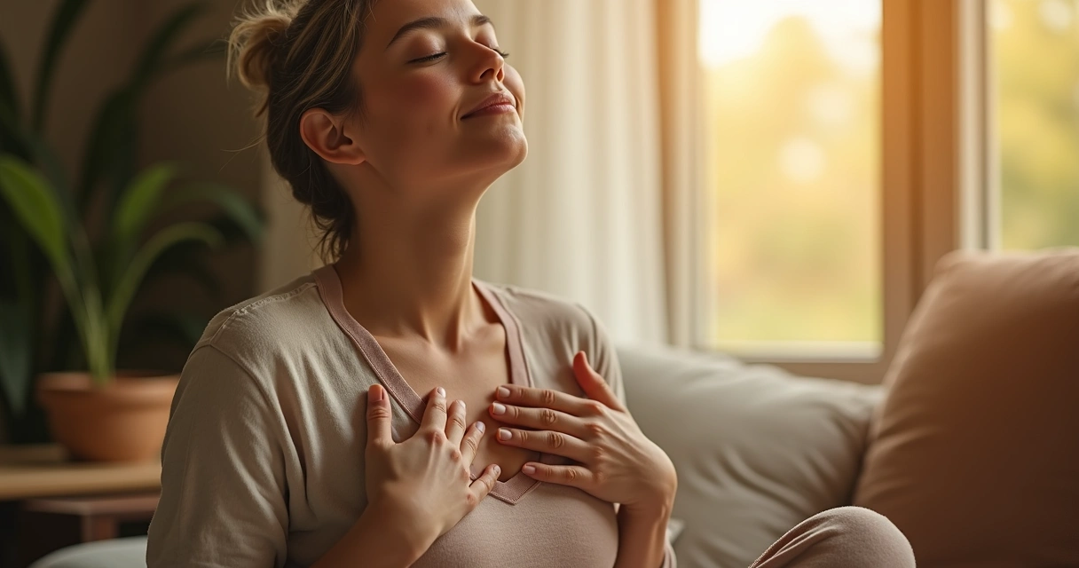Pessoa de olhos fechados, tocando o próprio peito com serenidade 