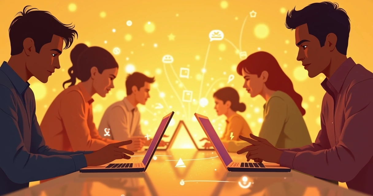 Conexão digital representada por pessoas e dispositivos ligados por linhas luminosas. 