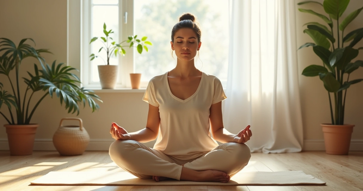 Mujer adulta meditando en espacio luminoso