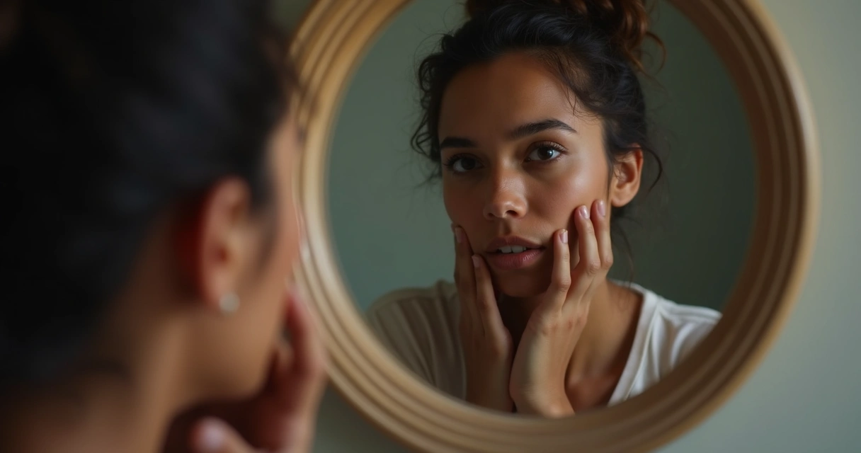 Pessoa olhando para si mesma no espelho, expressão reflexiva, ambiente suave 