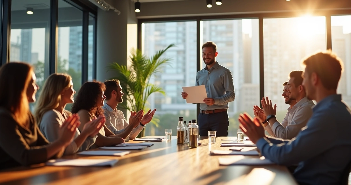 Gestor entregando certificado a colaborador sorridente em reunião 