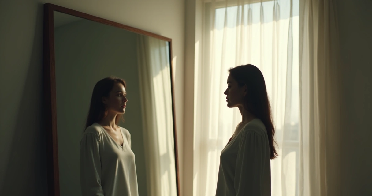 Pessoa olhando no espelho em busca de responsabilidade emocional 