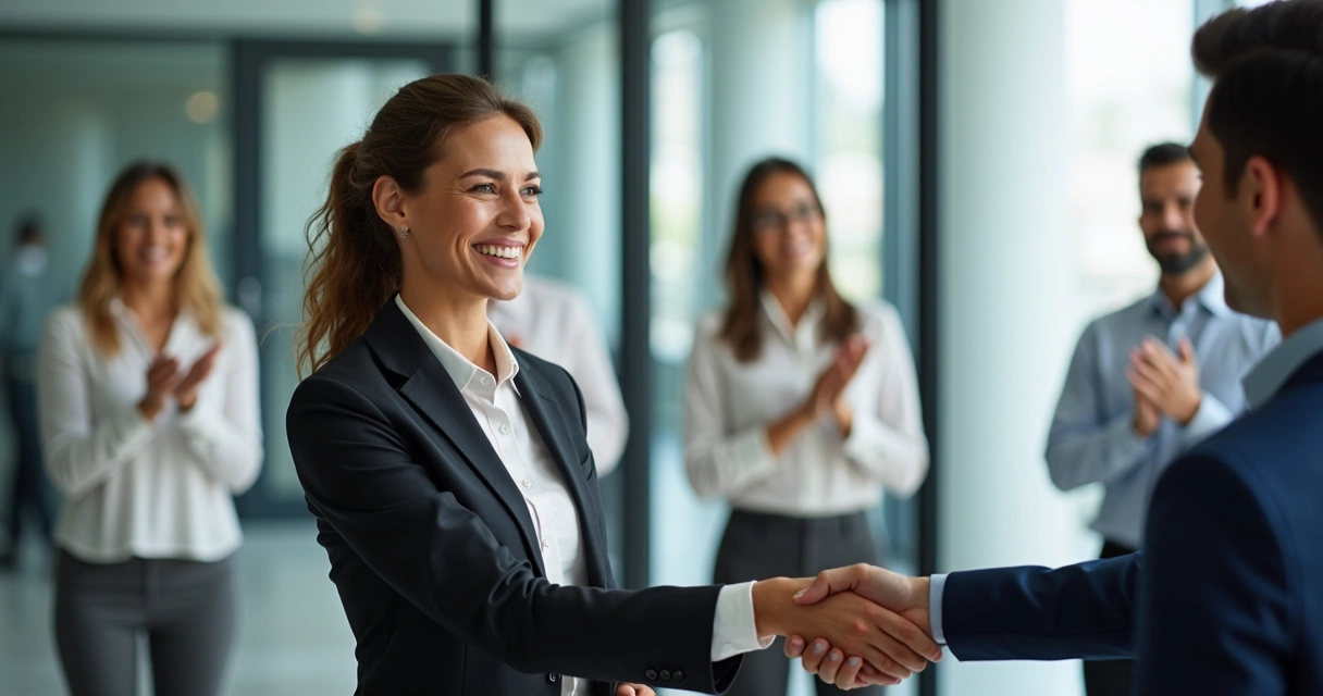 Colaboradora entregando certificado a cliente satisfeito em ambiente corporativo 