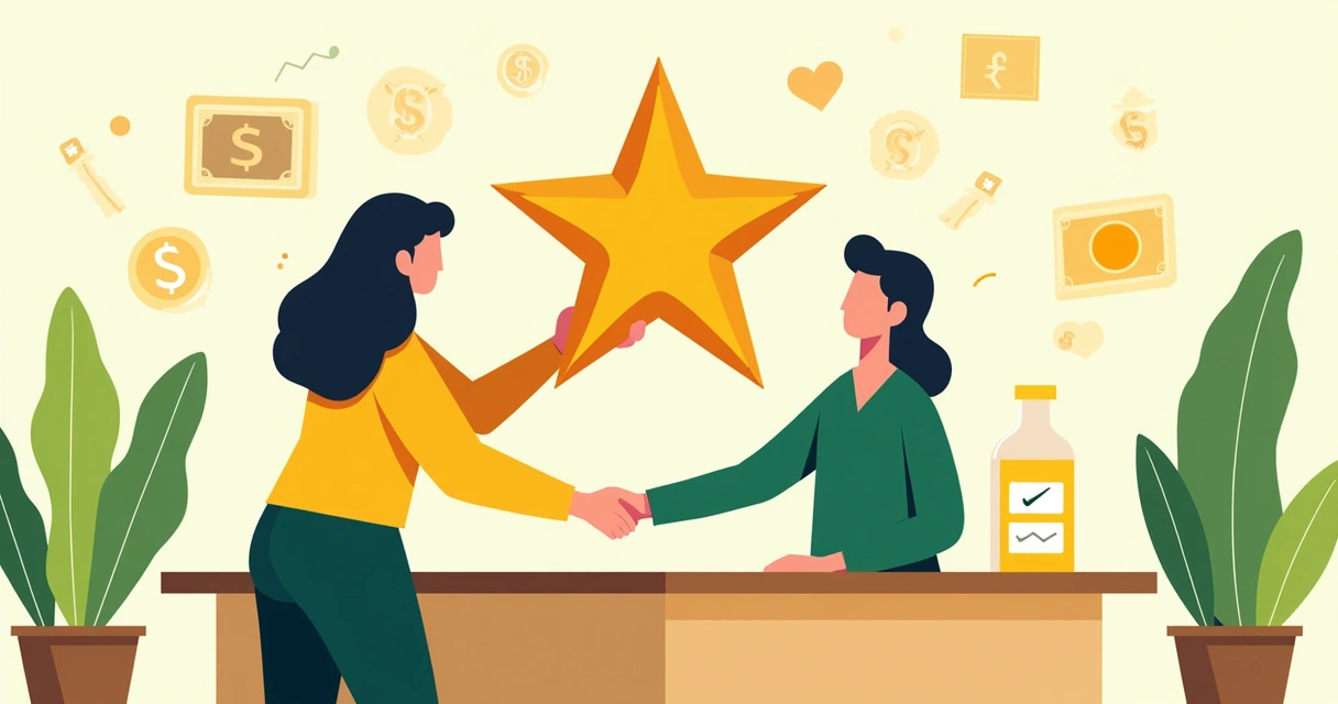 Cliente digital satisfeito recebendo estrela por bom atendimento 