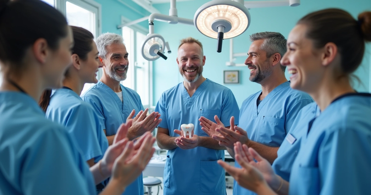 Profissionais odontológicos celebrando reconhecimento entre colegas 