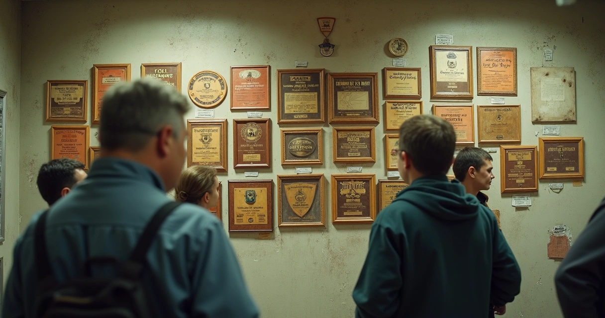 Placa de funcionário do mês esquecida em parede de escritório