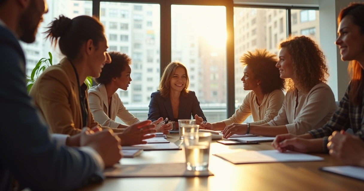 Reunião de equipe em empresa, com pessoas diversas recebendo reconhecimento além de resultados, simbolizando valoração humana. 