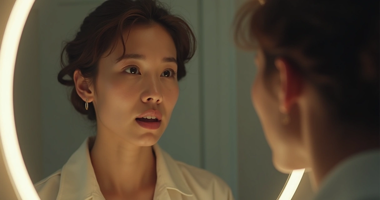 Mulher olhando para o espelho, com expressão de descoberta emocional 