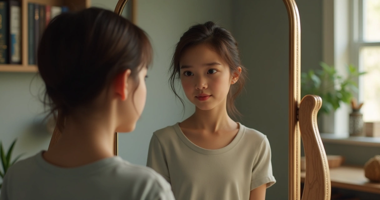 Pessoa olhando para si mesma no espelho, expressão serena, luz suave e ambiente com tons claros