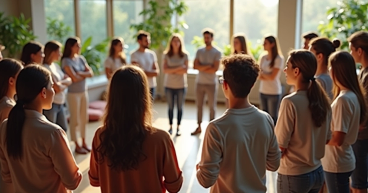 Pessoas em círculo durante dinâmica de grupo reconhecendo emoções, ambiente iluminado.