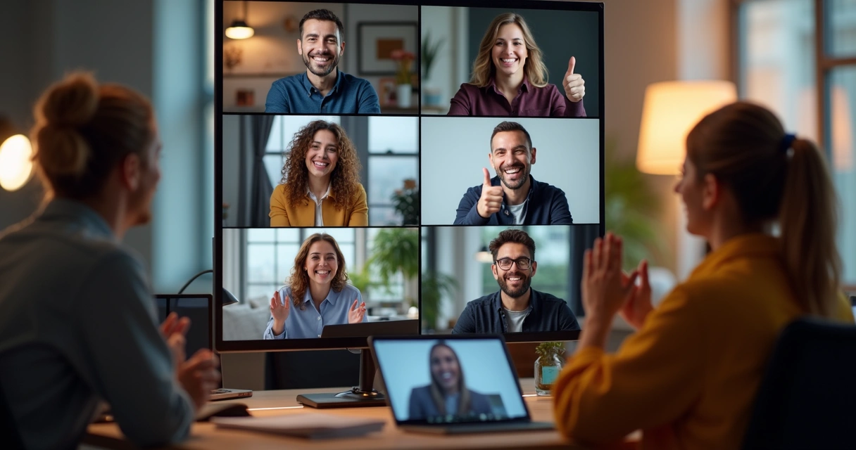 Reconhecimento entre colegas de equipe remota com sorrisos e gesto de aprovação