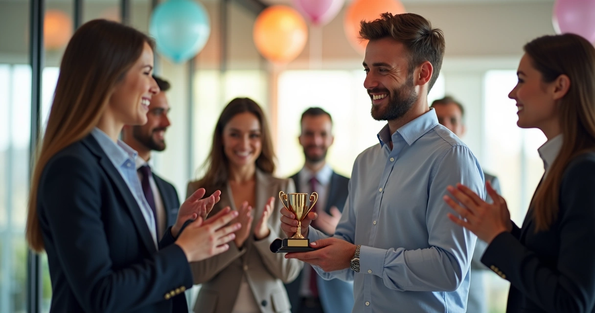 Colaborador recebendo prêmio de reconhecimento de gestor. 