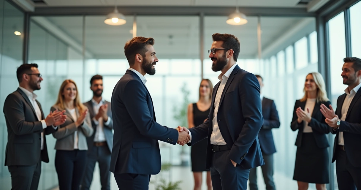 Gestor cumprimentando colaborador com aperto de mão após resultado positivo, equipe ao fundo aplaudindo. 