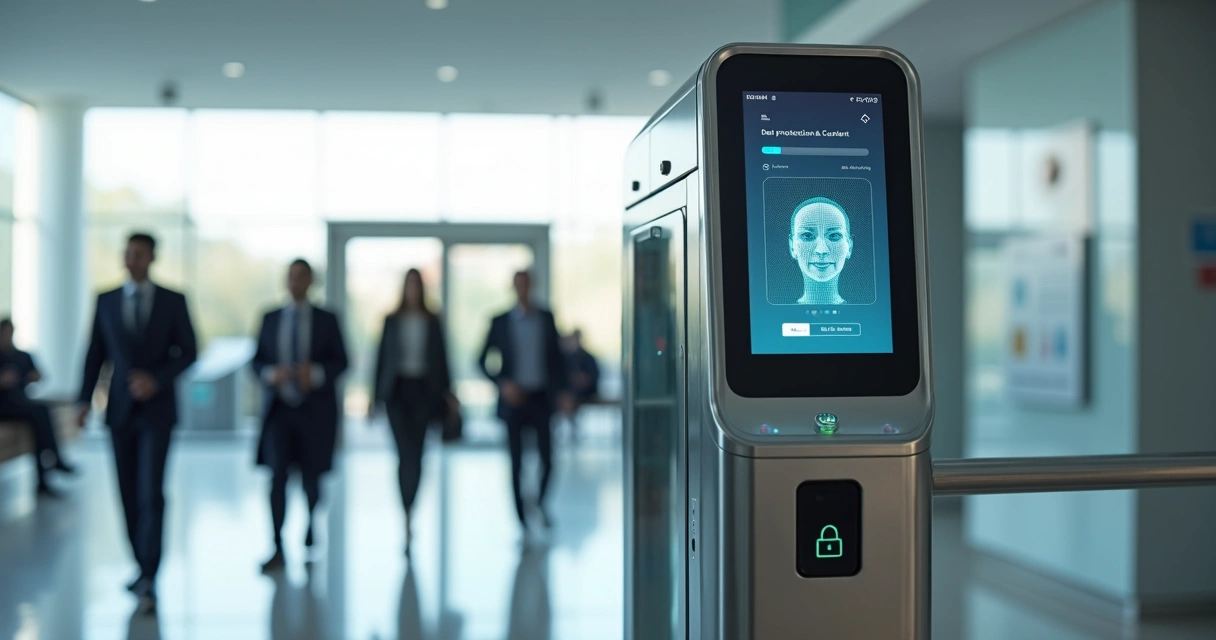 Terminal de reconhecimento facial em entrada corporativa com destaque para privacidade e segurança 