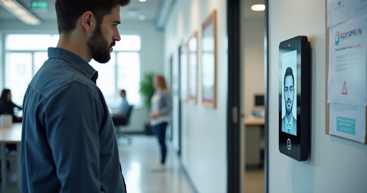 Funcionário passando por reconhecimento facial em terminal de ponto eletrônico.