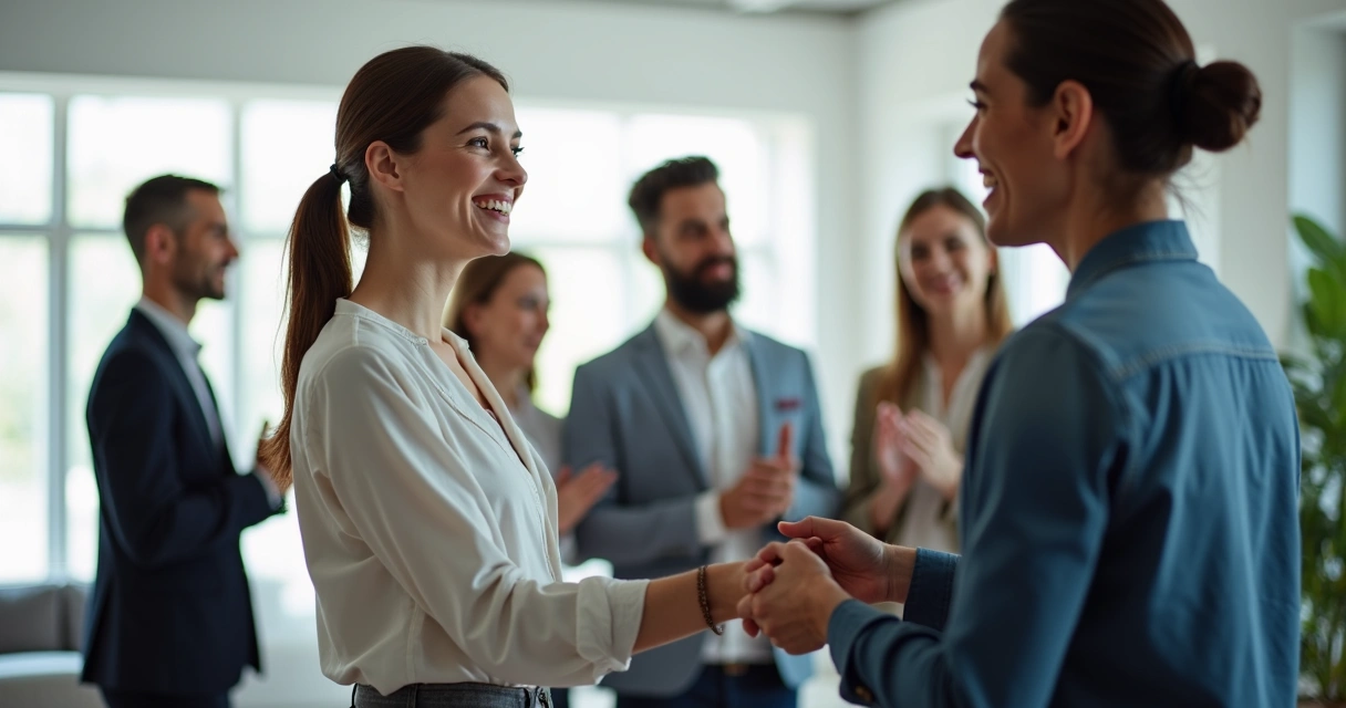 Colegas se cumprimentando com aperto de mão após uma apresentação 