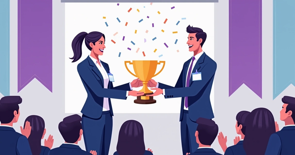 Entrega de troféu a parceiro de vendas em evento corporativo 