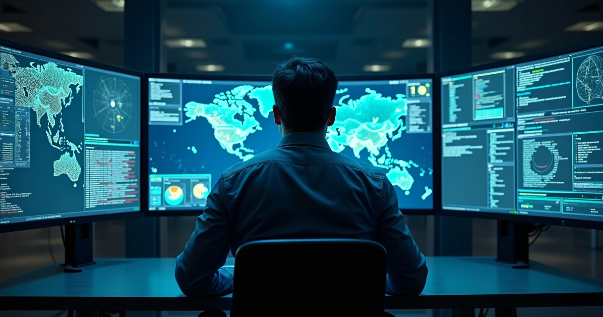 Profissional de segurança analisando painel digital de reconhecimento em pentest 