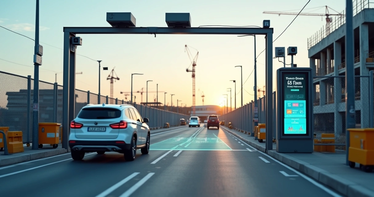 Portão de obra com carros passando por área de LPR e câmeras monitorando placas 