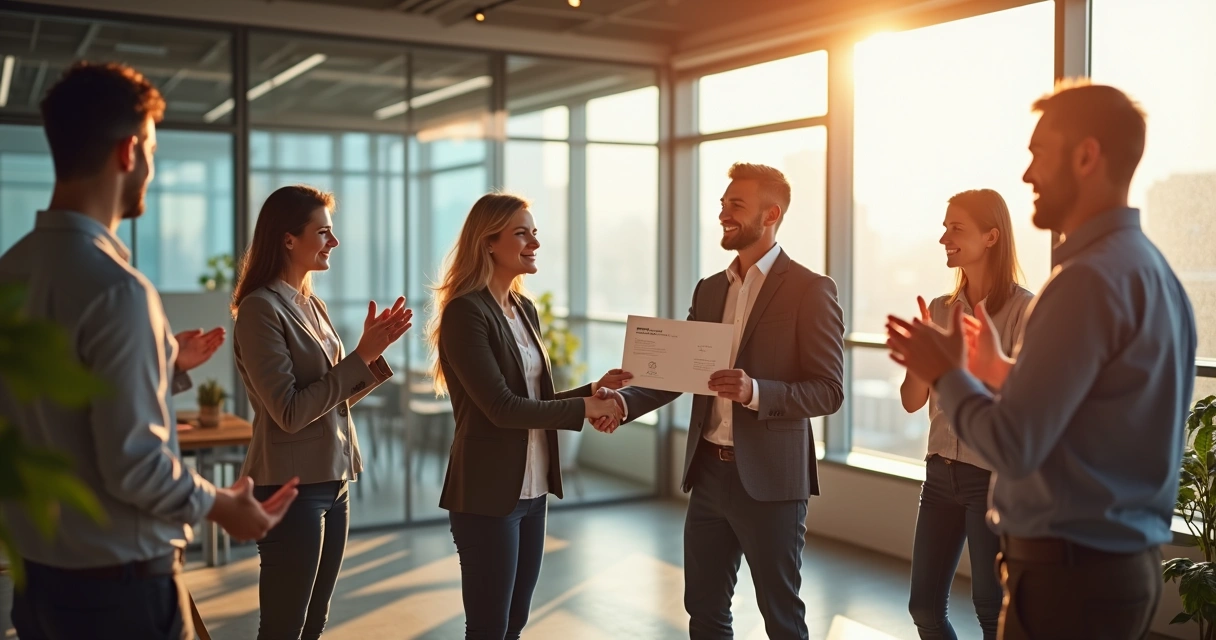 Colaborador recebendo reconhecimento em ambiente corporativo moderno 