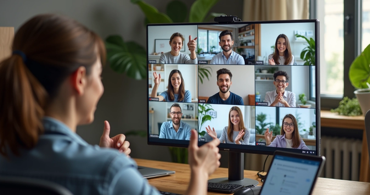 Equipe remota comemorando conquista em videochamada 