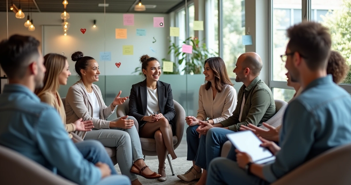Grupo diverso em círculo recebendo reconhecimento em ambiente de trabalho acolhedor 