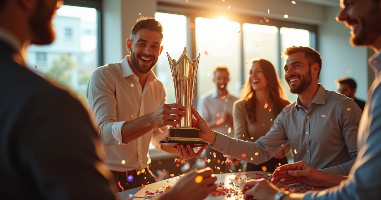 Equipe comemorando reconhecimento profissional com troféu 