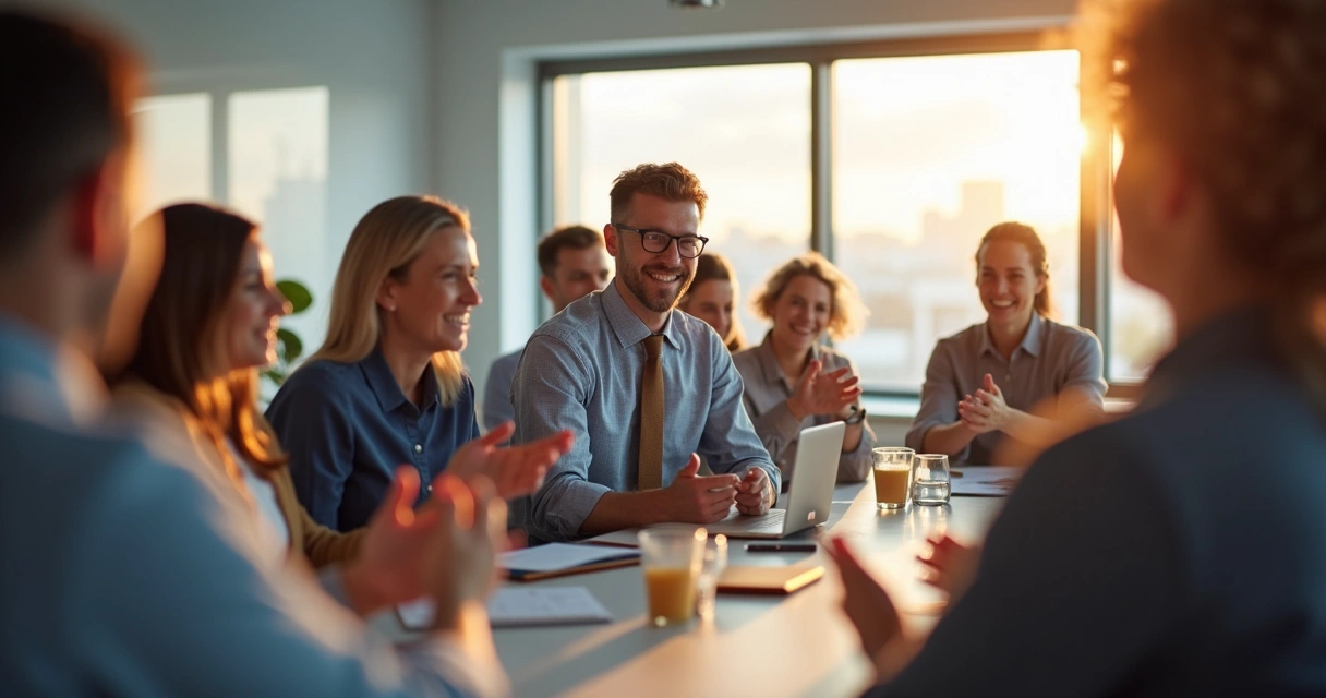 Equipe batendo palmas para colega em sala corporativa