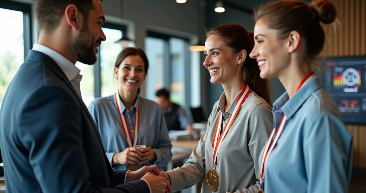 Gestor parabenizando equipe de vendas pelo sucesso em treinamento 