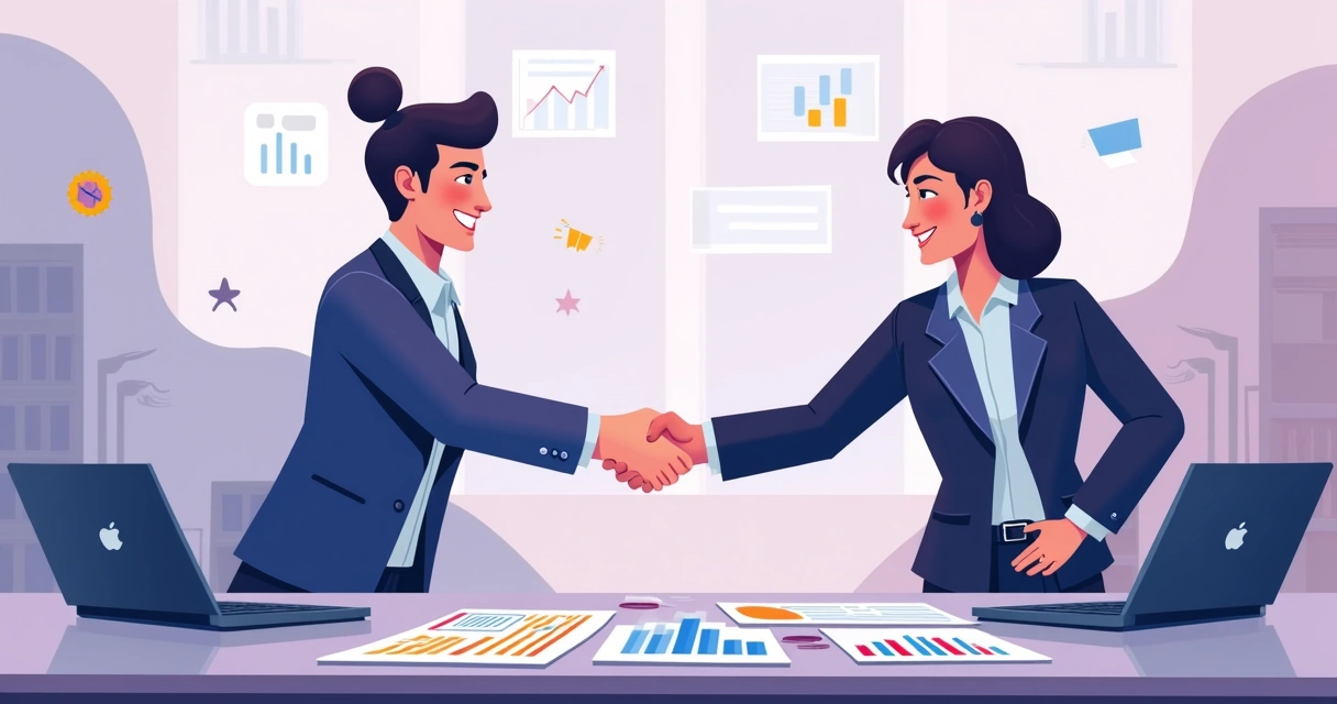 Two business partners shaking hands at a meeting table with charts and laptops. 