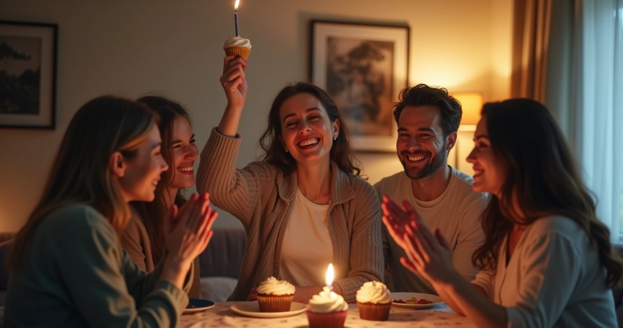 Persona sonriente celebrando junto a amigos un pequeño logro 