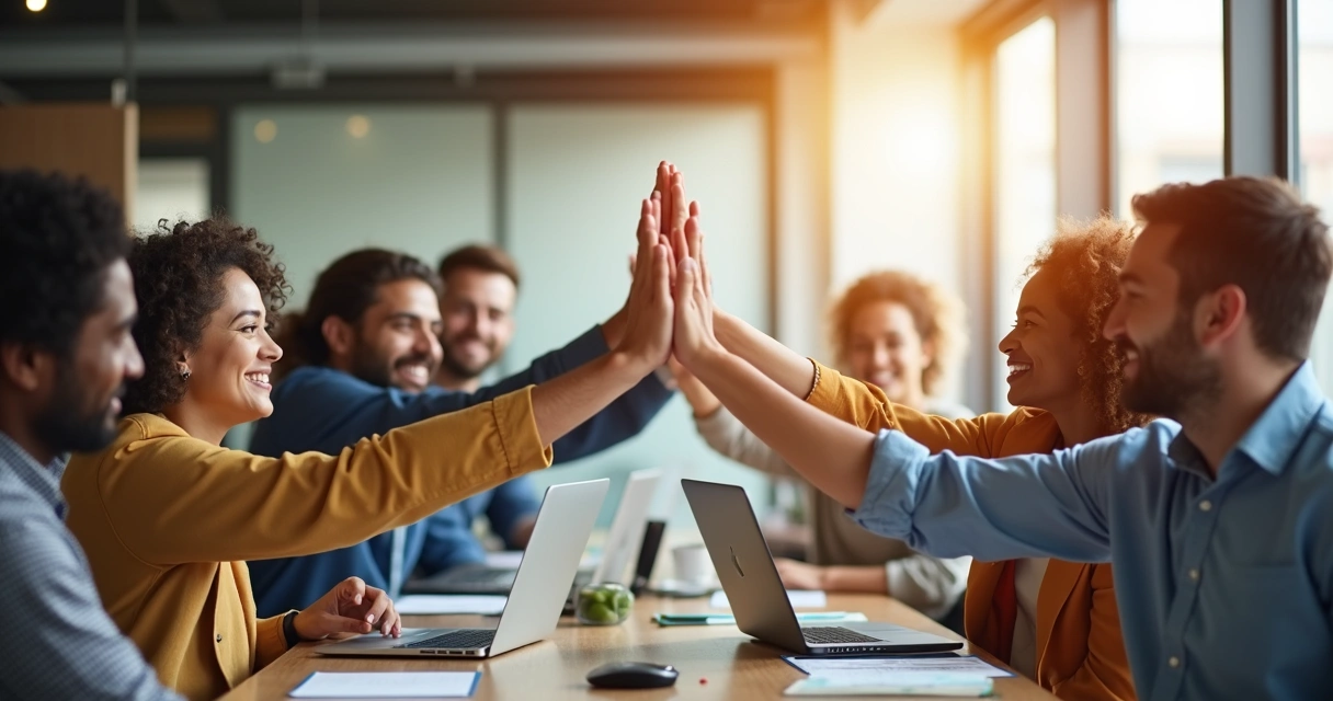 Manos chocando en señal de reconocimiento en una oficina 