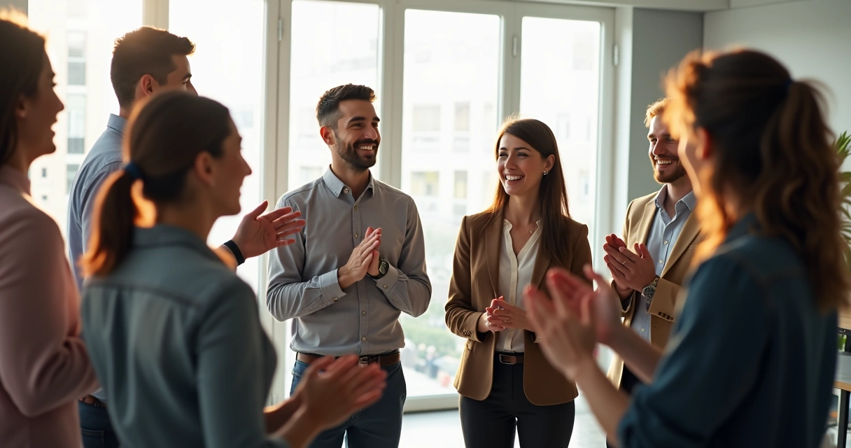 Equipo de trabajo sonriente en circulo aplaudiendo y reconociendo a un compañero en oficina luminosa.