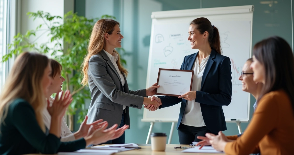 Jefa entregando reconocimiento a miembro de equipo en oficina 
