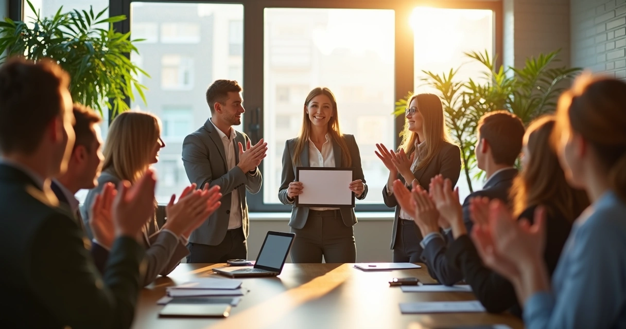 Un grupo de colaboradores aplaude a una compañera que recibe reconocimiento en una sala luminosa 