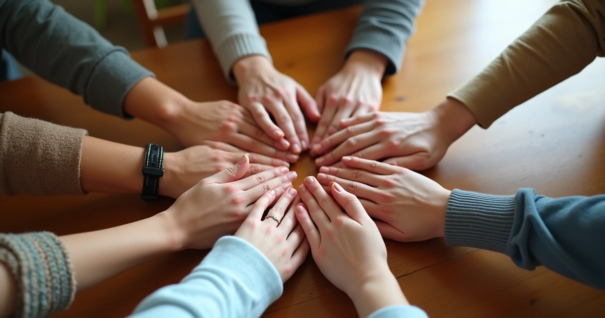 Manos de varias personas reunidas en el centro sobre una mesa 