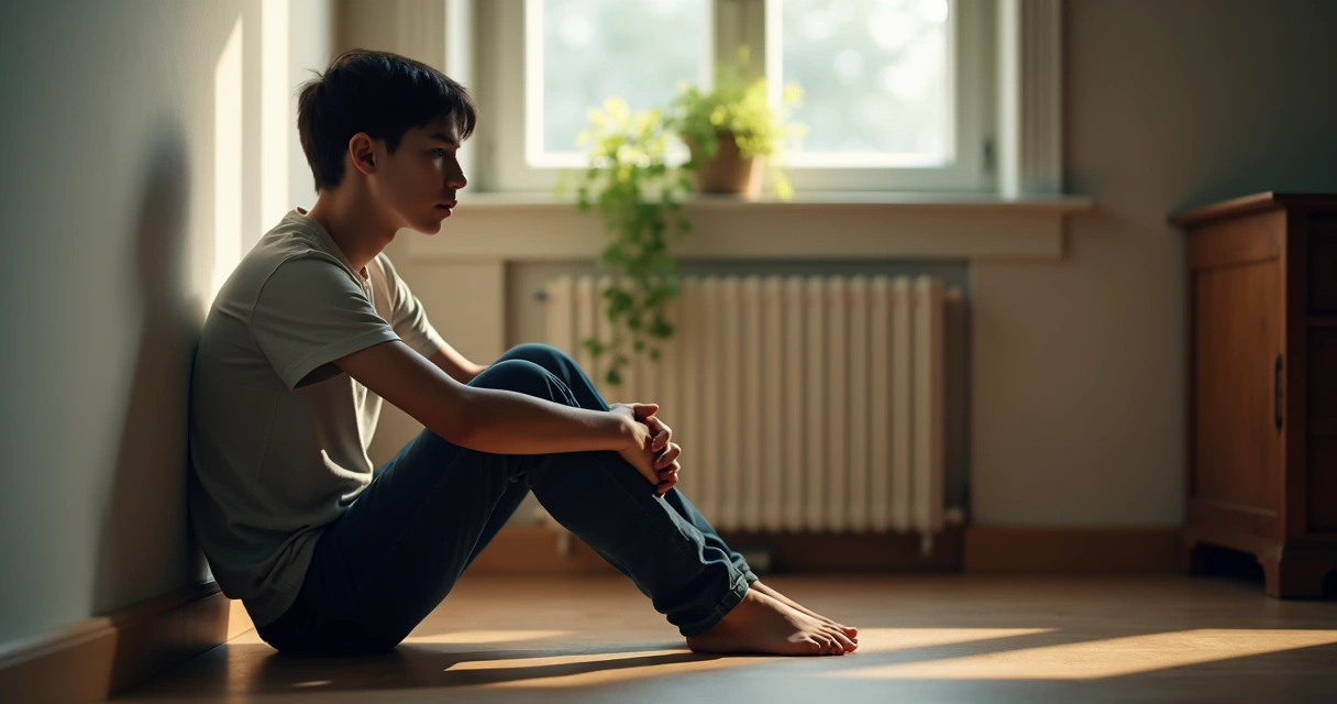 Persona sentada sola en una habitación tranquila, con expresión reflexiva y ligera preocupación, luz tenue entrando por la ventana 