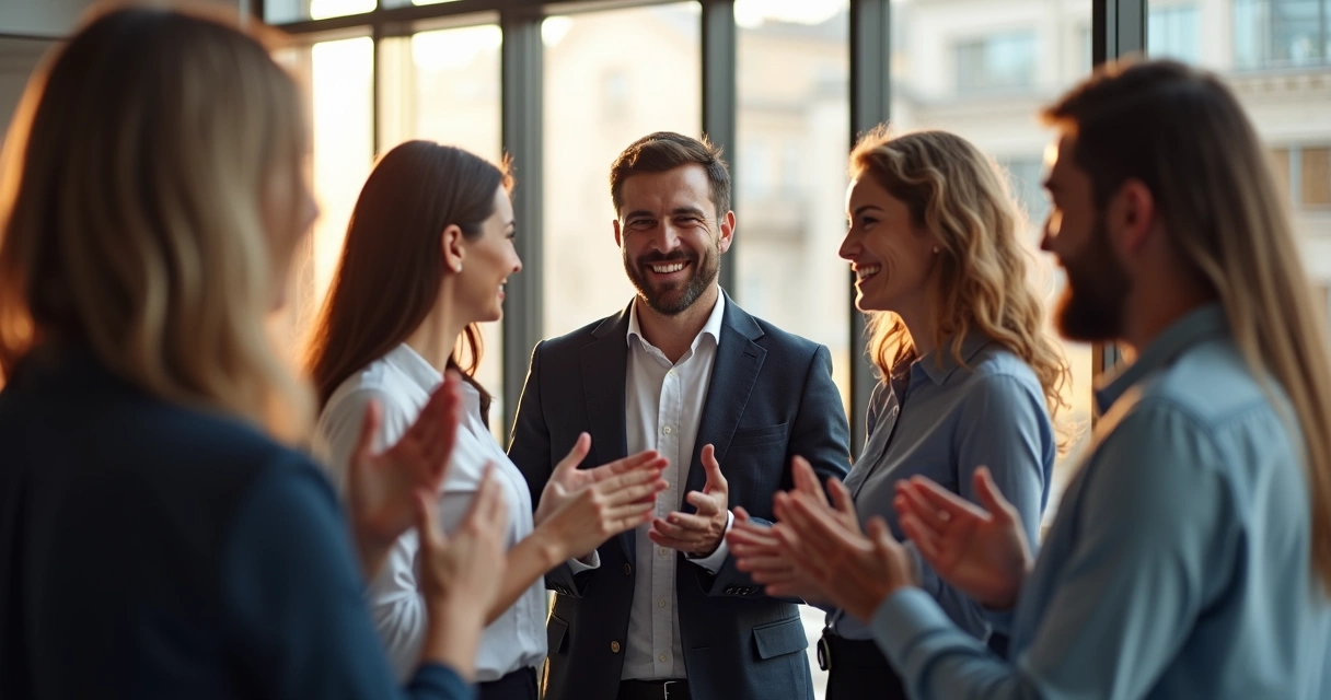 Grupo de personas aplaudiendo y felicitando a un colega en una oficina moderna 