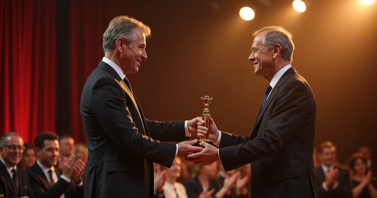 Entrega de premio en escenario con aplausos 