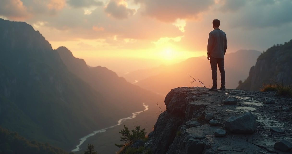 Pessoa em pé em penhasco ao amanhecer observando horizonte após tempestade 