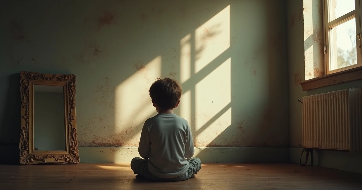 Pessoa refletindo em frente a um espelho antigo