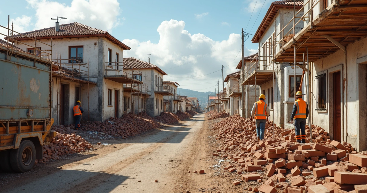 Trabalhadores reconstruindo infraestrutura em Portugal 