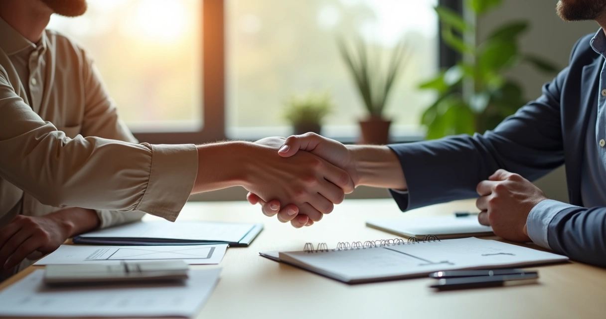 Duas pessoas apertando as mãos sobre mesa com documentos e caderno aberto 