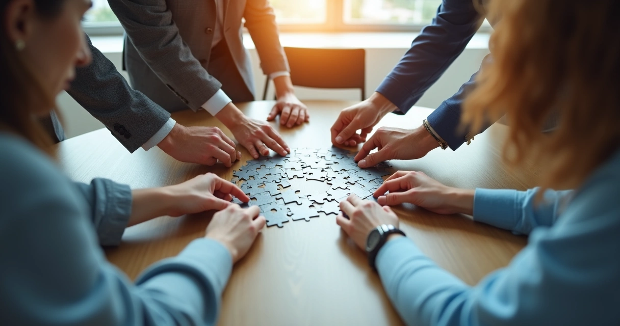 Equipe de trabalho reconstruindo confiança ao redor de uma mesa 