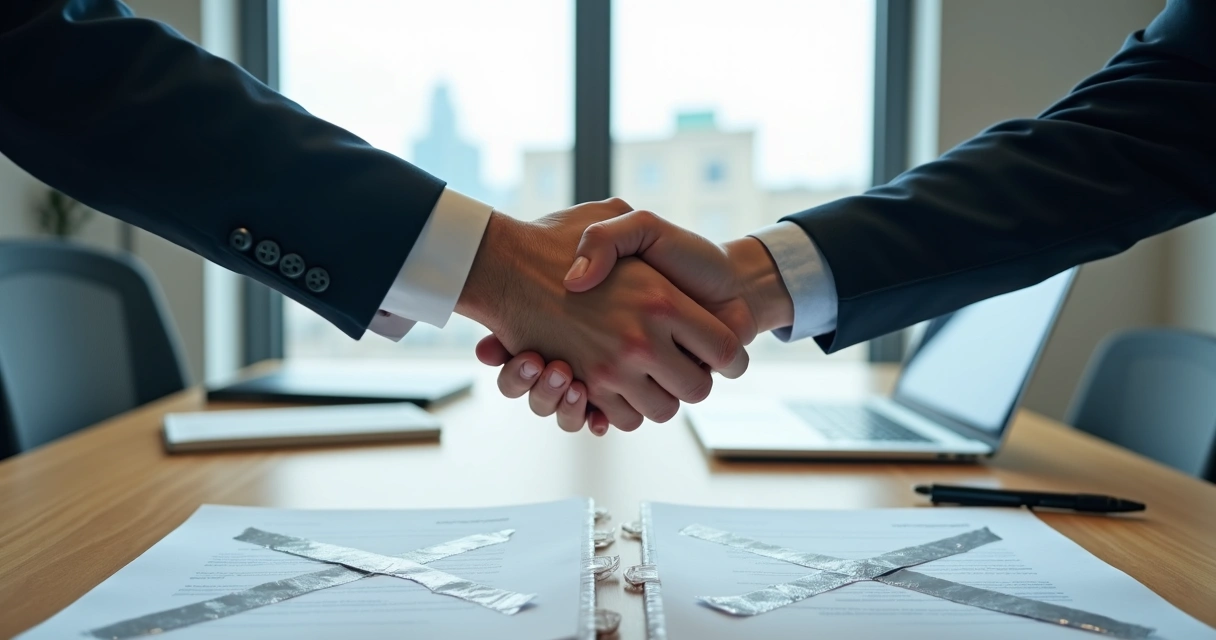 Duas pessoas apertando as mãos sobre uma mesa com documentos rasgados e remendados 