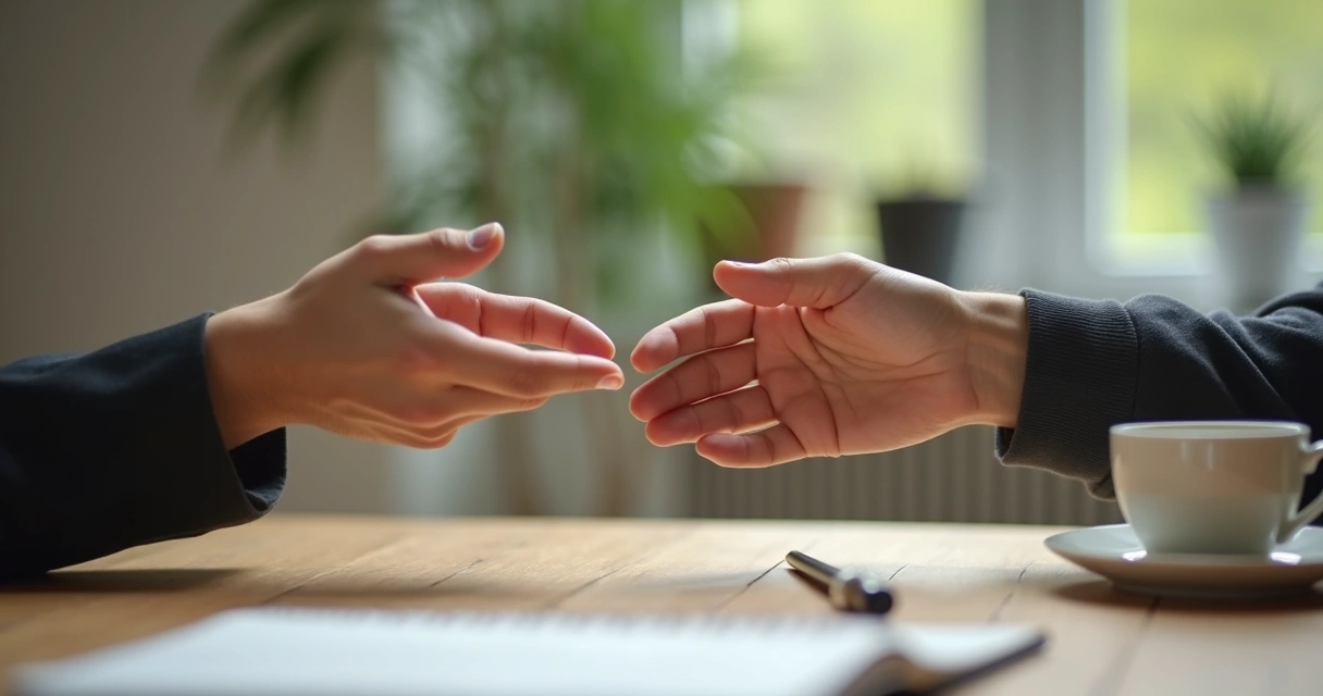 Mãos se aproximando sobre mesa em gesto de reconciliação 