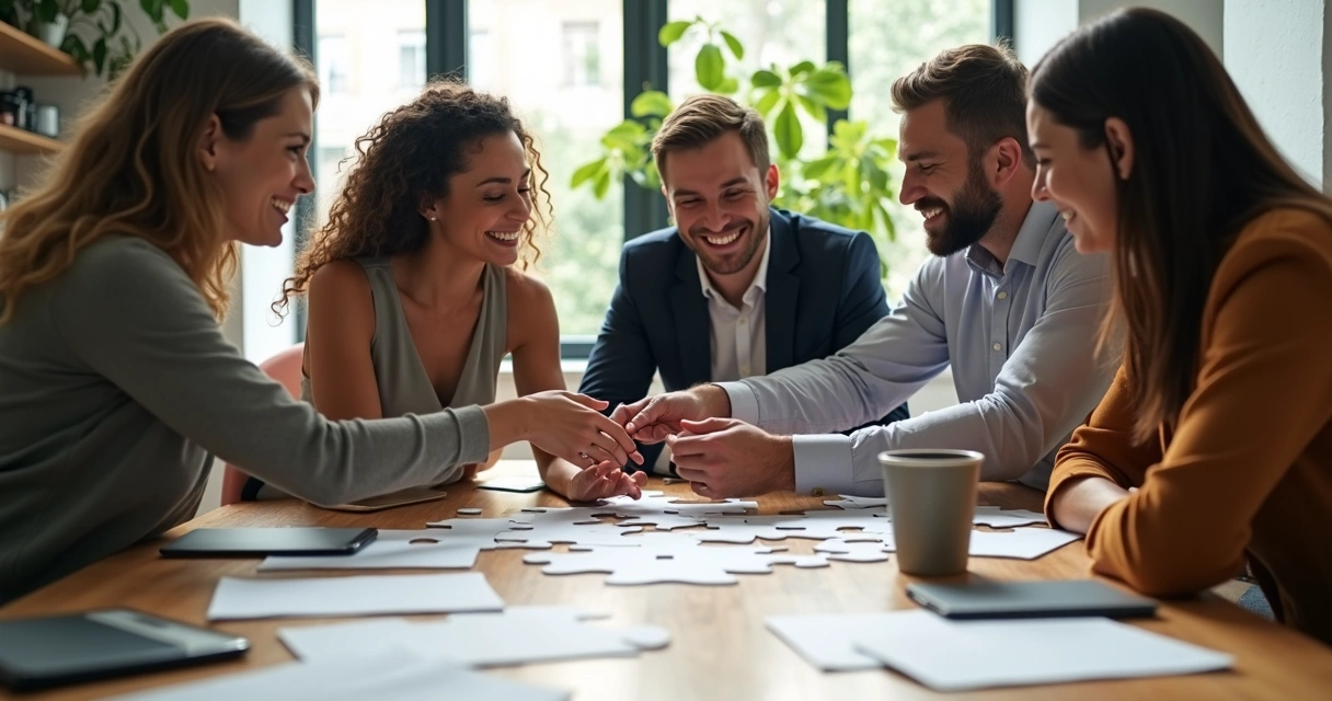 Colaboradores reconstruindo um projeto juntos, simbolizando união após conflitos